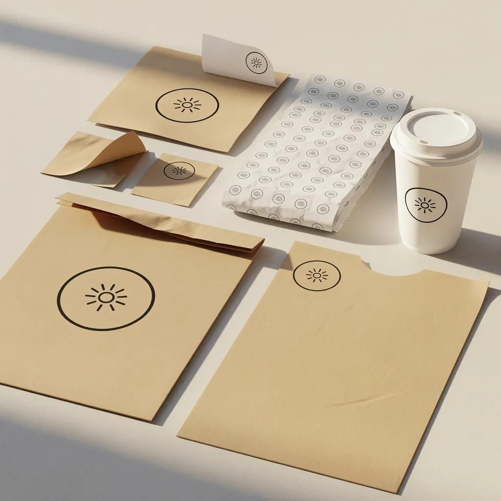 Product packaging mockup — kraft coffee bags with brand artwork