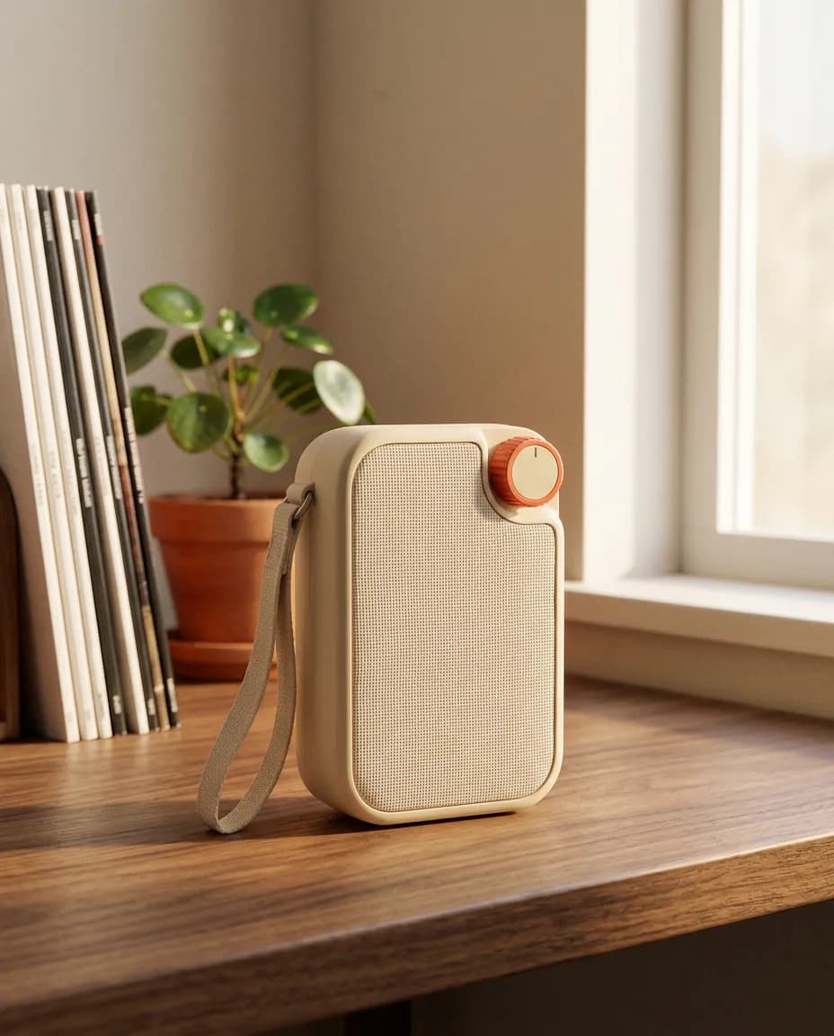 Cream radio on a wood desk