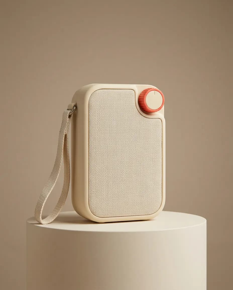 Cream radio on a pedestal in a warm studio