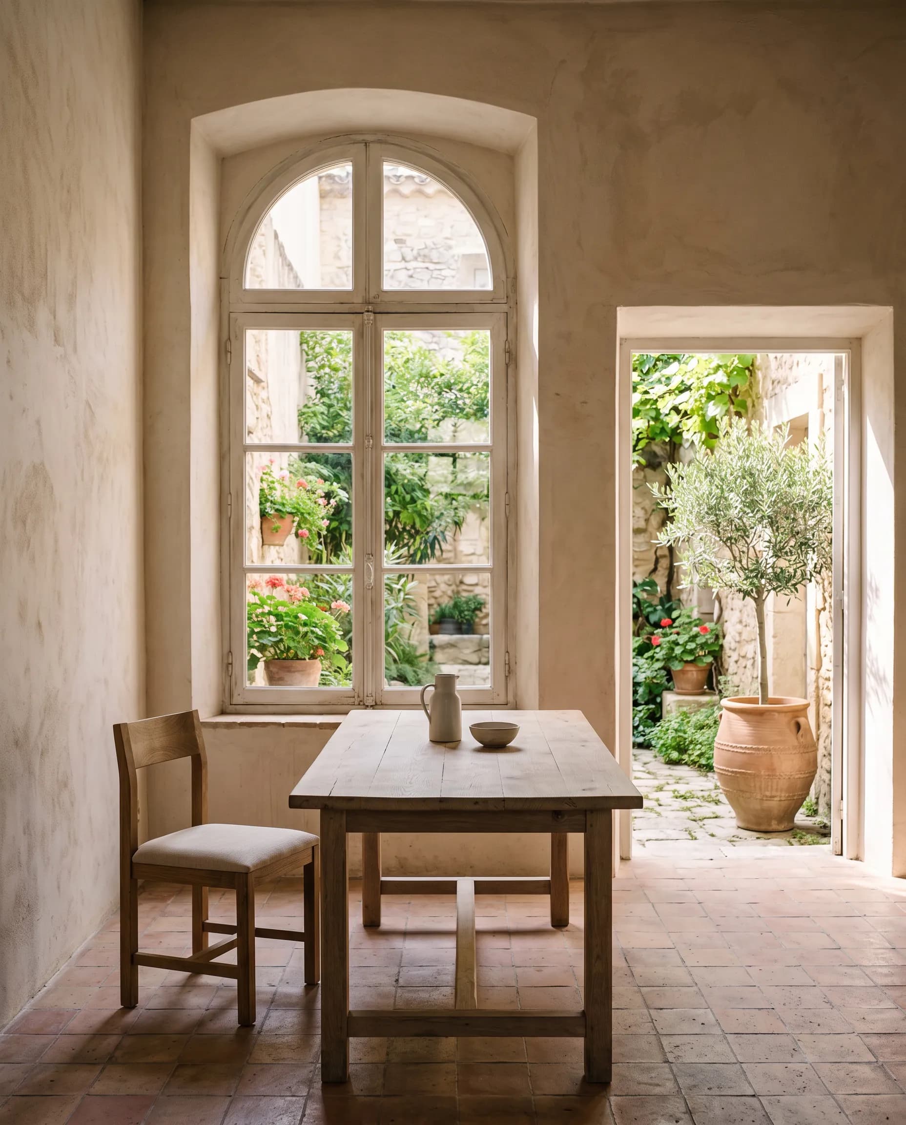 Courtyard room with an arched window and an oak table