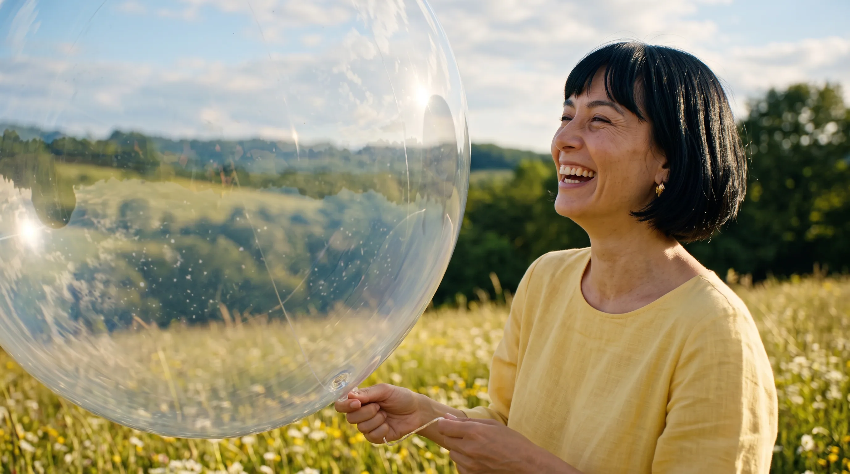 Close-up of a laughing woman in yellow beside a transparent balloon