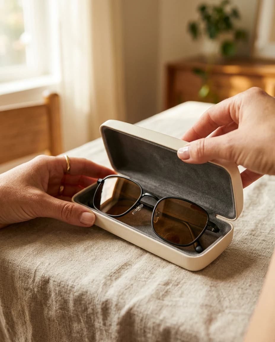 Hands opening a cream case with thin black sunglasses inside