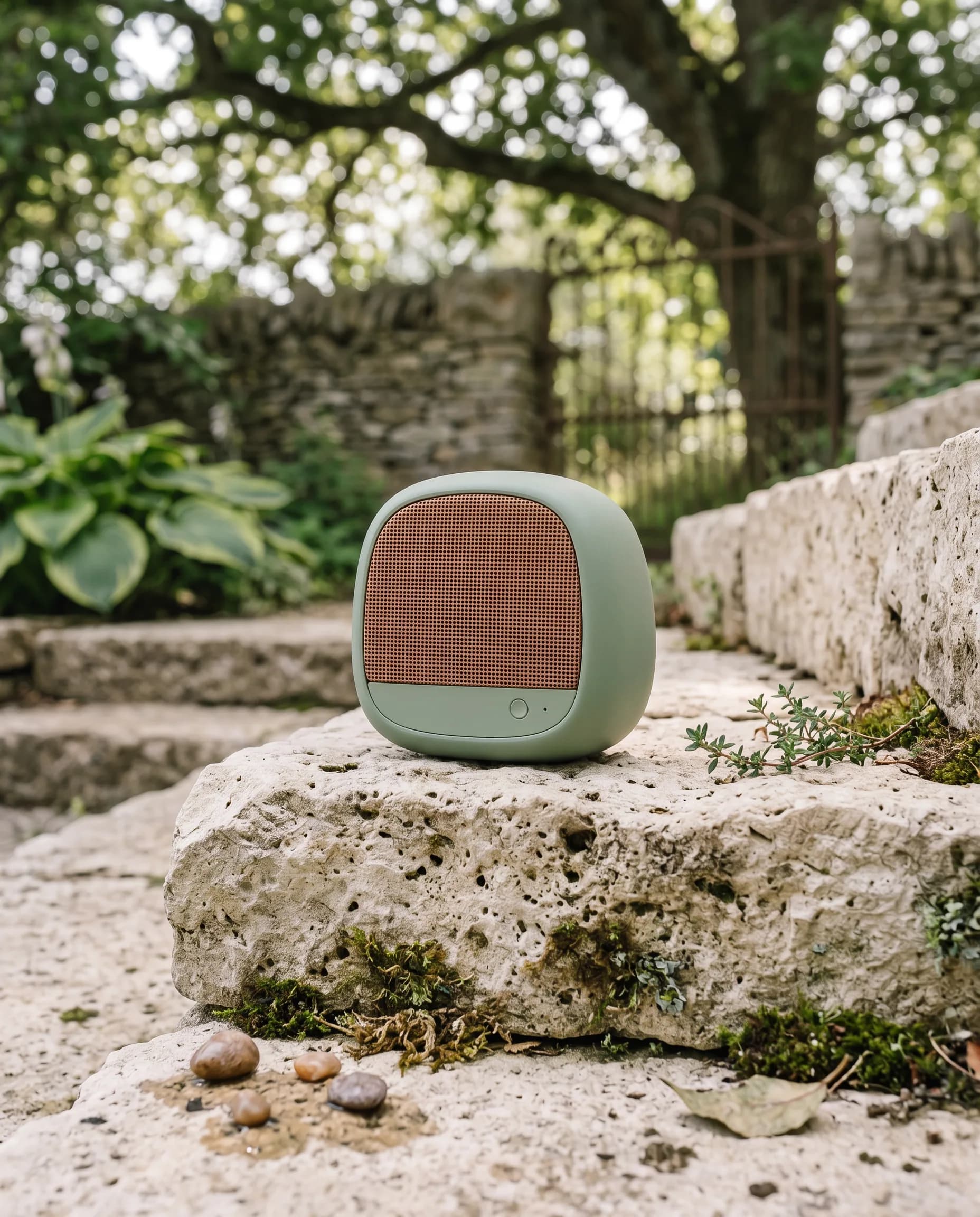 Sage speaker with a copper grille on a limestone garden step