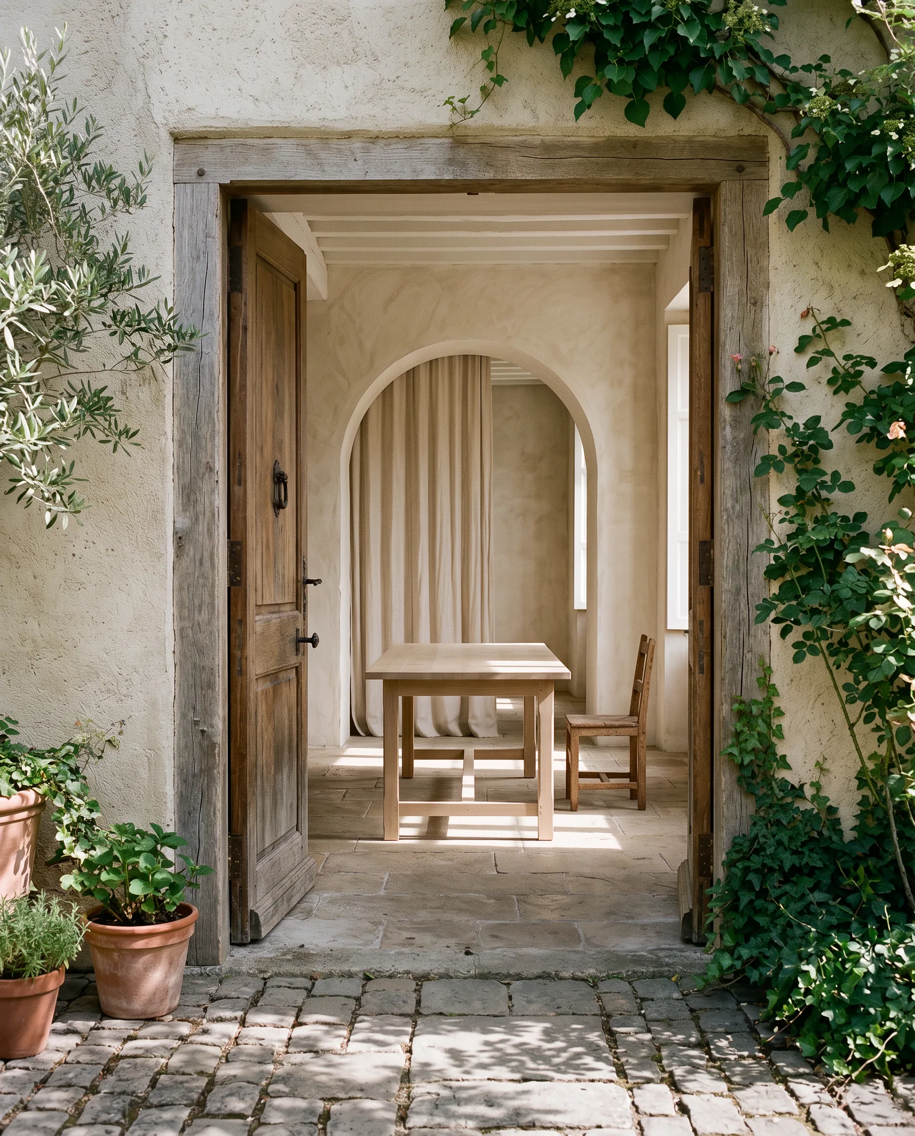 Courtyard looking through an oak door into a limewashed room