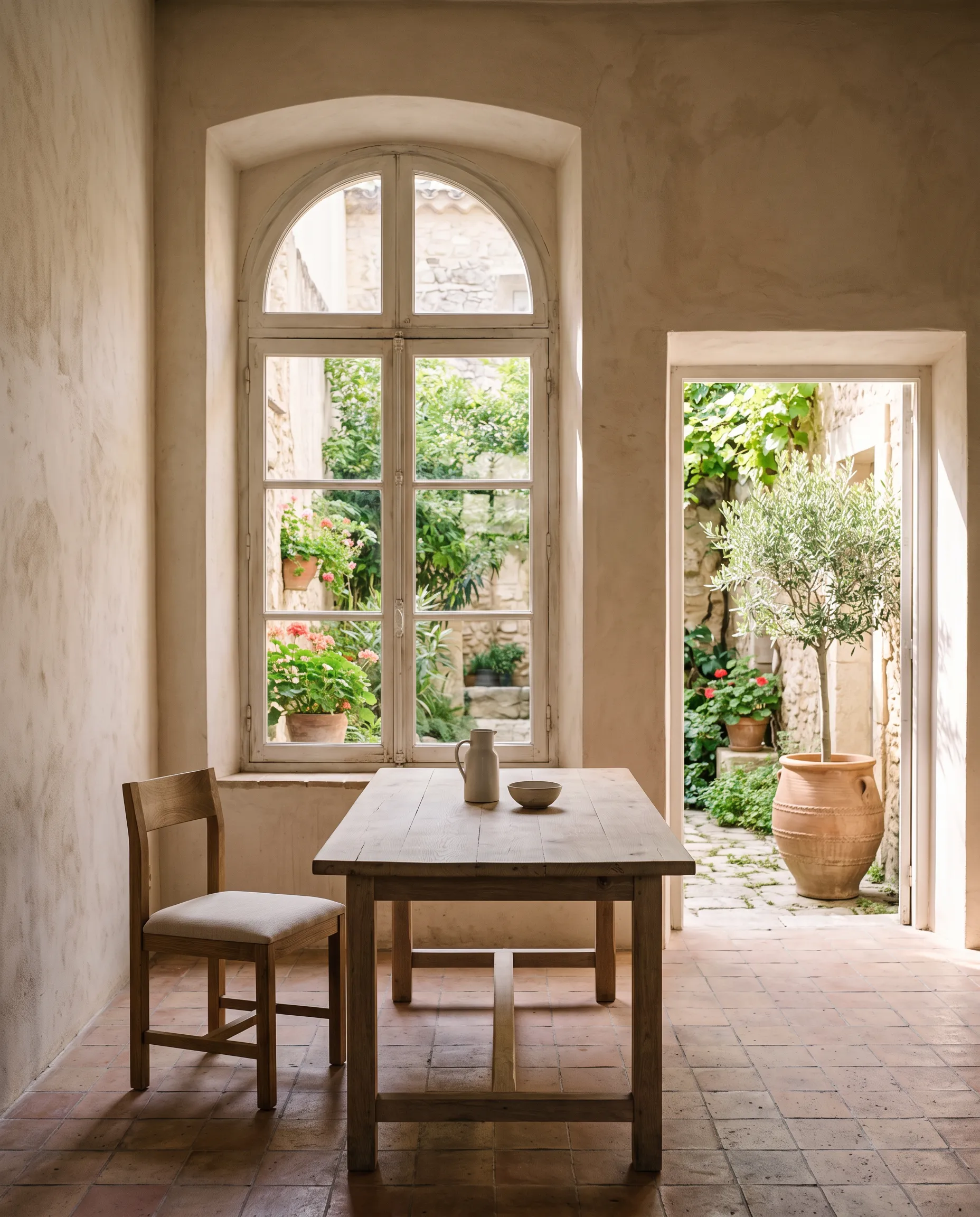 Courtyard room with an arched window and an oak table
