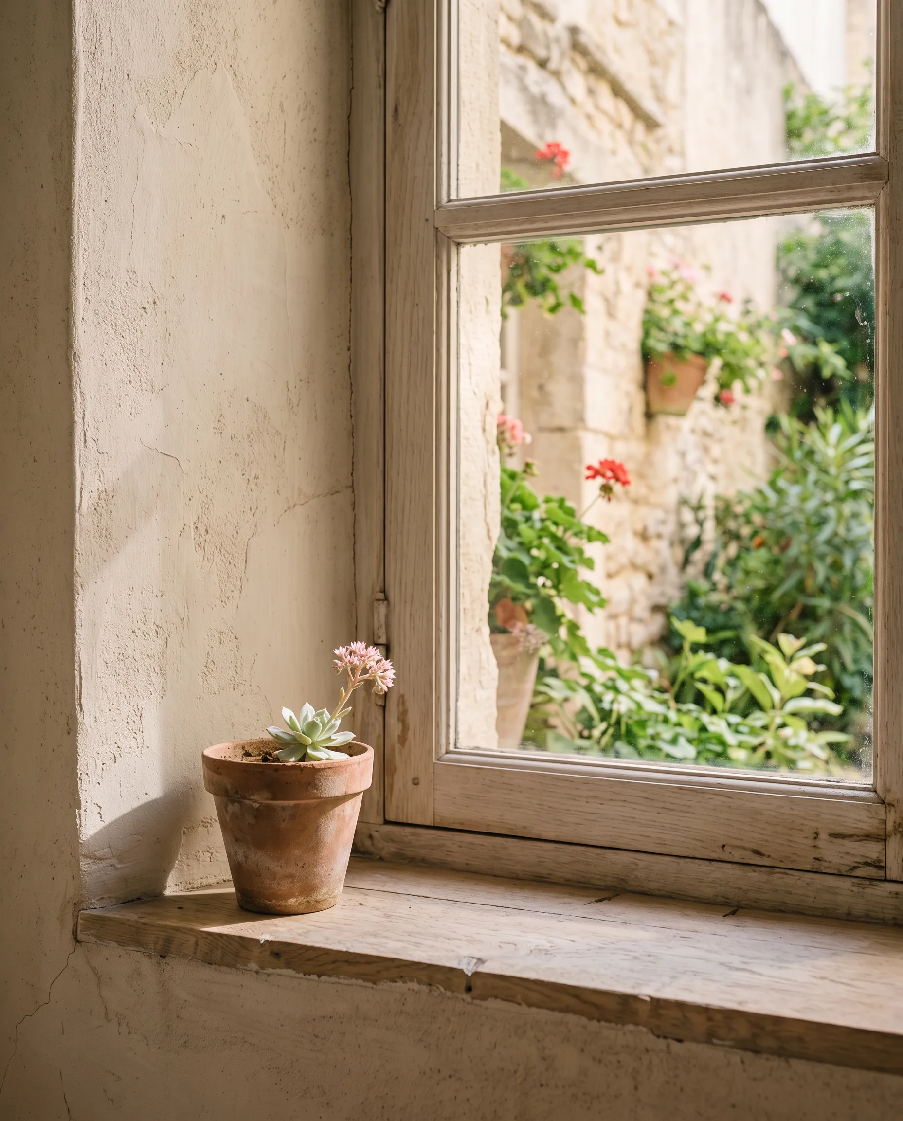 Plaster wall and oak window sill with a small pot