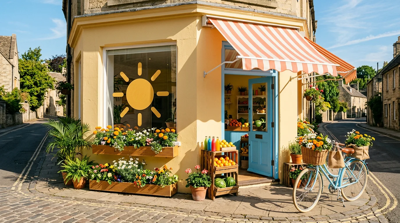 A butter-yellow corner juice shop with a coral striped awning and a golden sun on the window