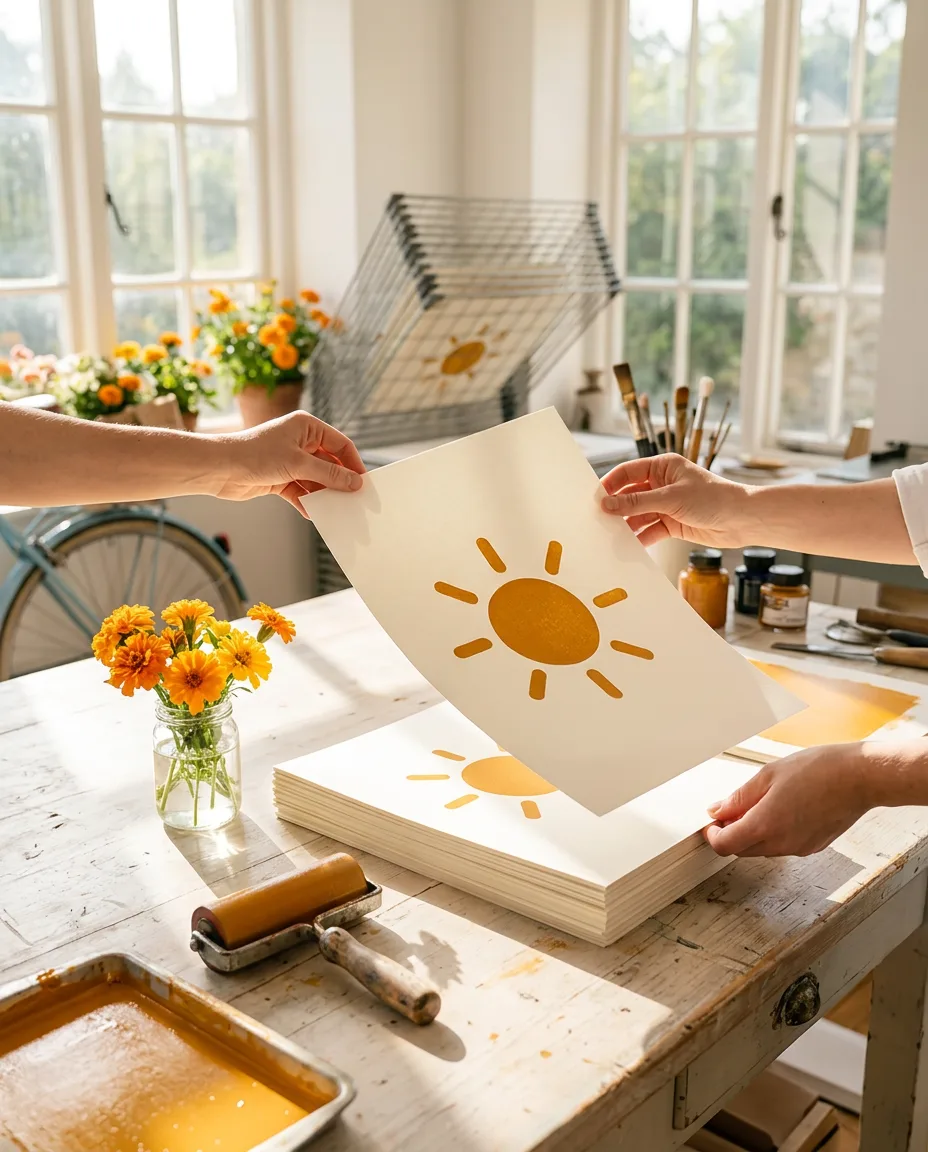 Hands lifting a printed golden sun from a stack in a sunny print studio