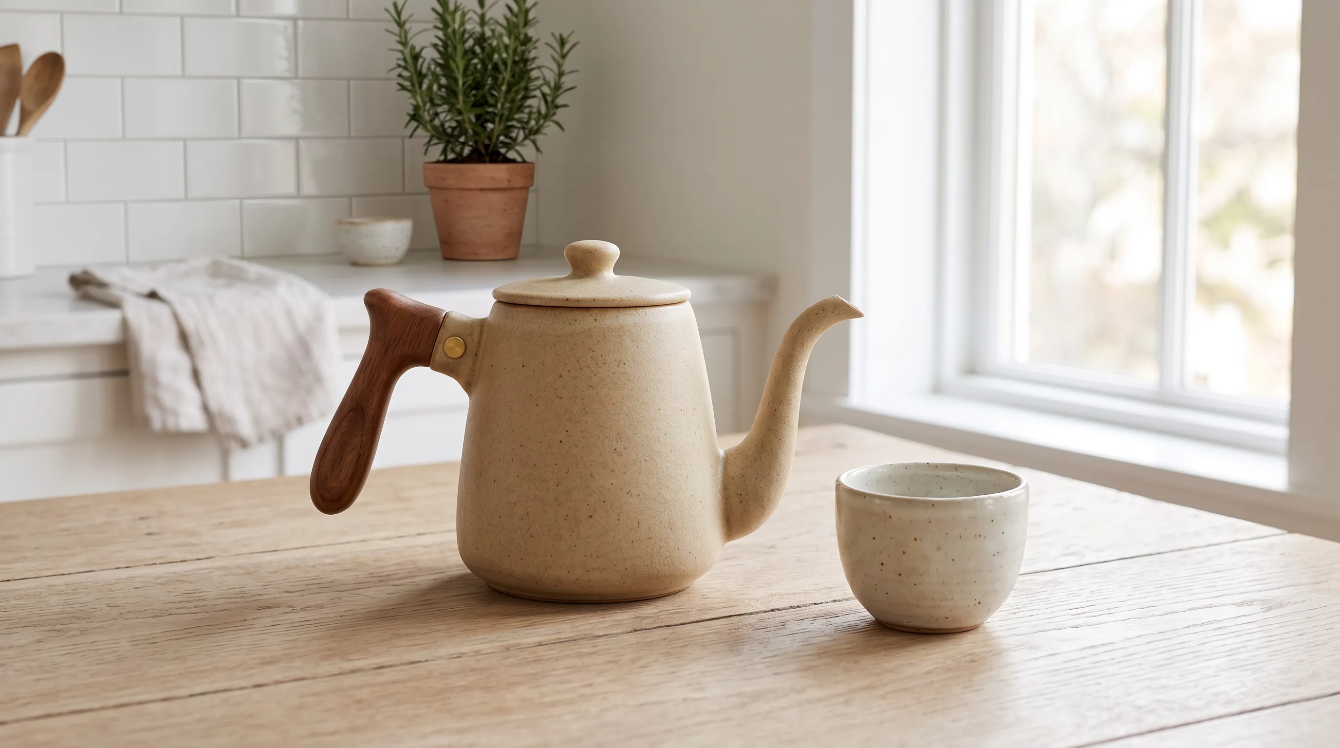 Sandy ceramic kettle on an oak table beside a small cup