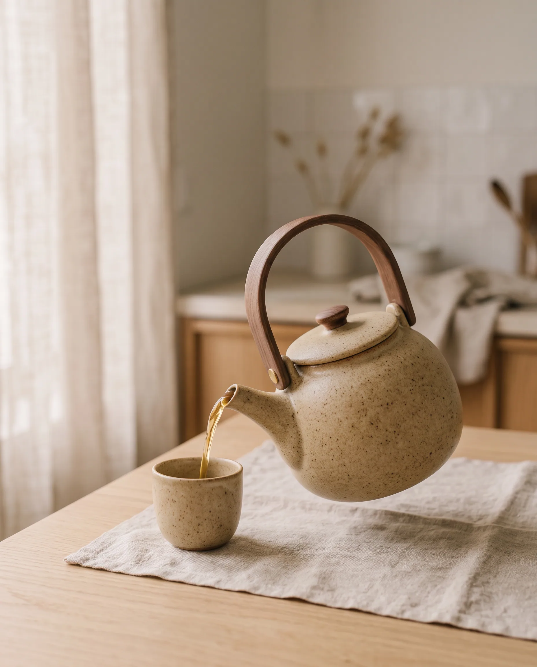 Sandy kettle pouring into a matching cup on an oak table