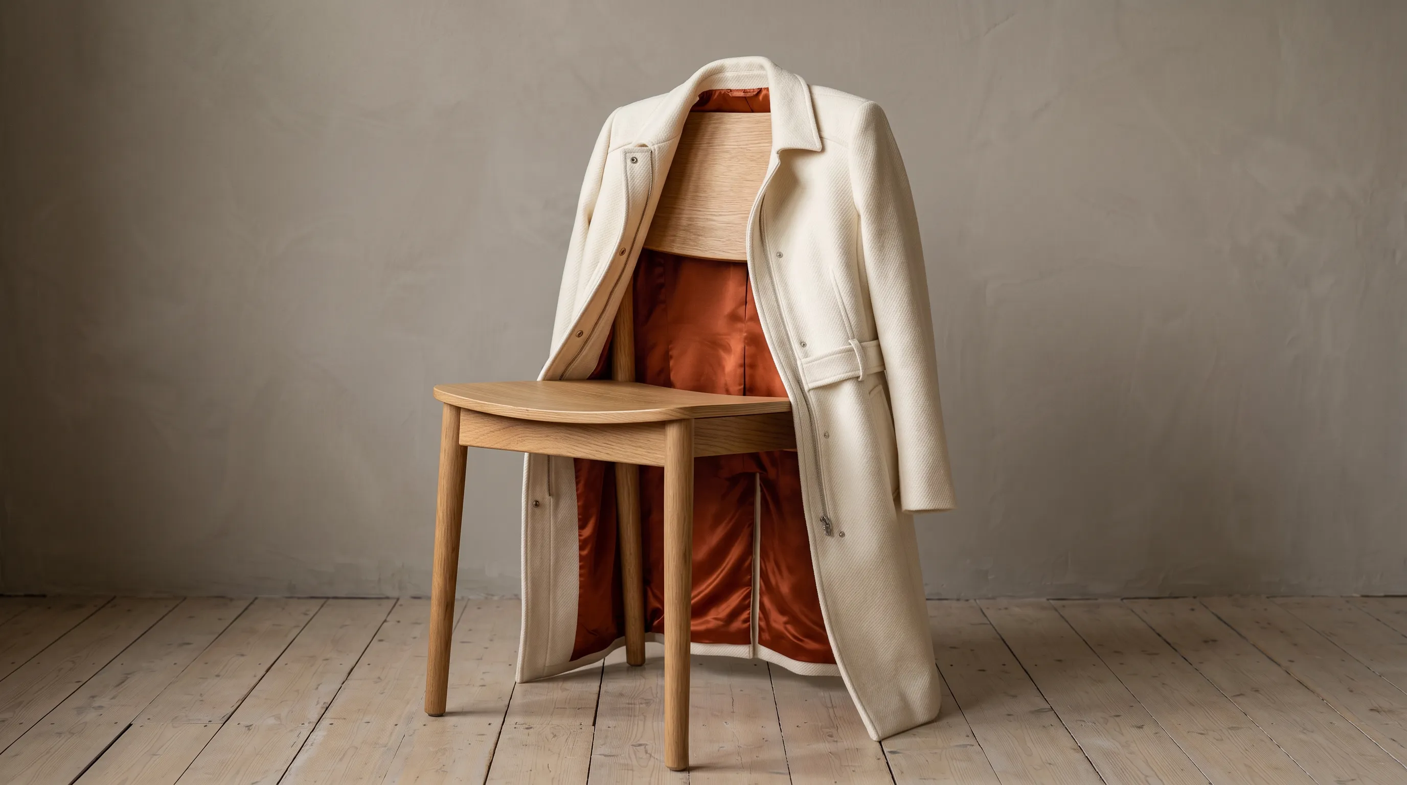 Ivory wool coat with a rust lining draped over an oak chair