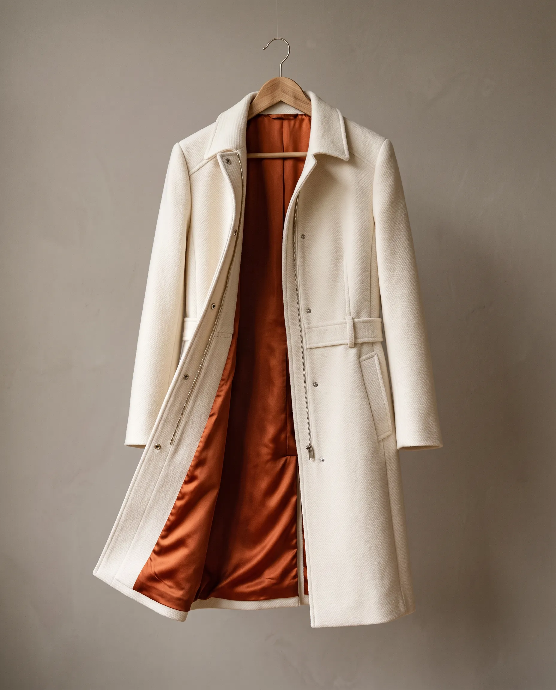Ivory wool coat with a rust silk lining on a hanger