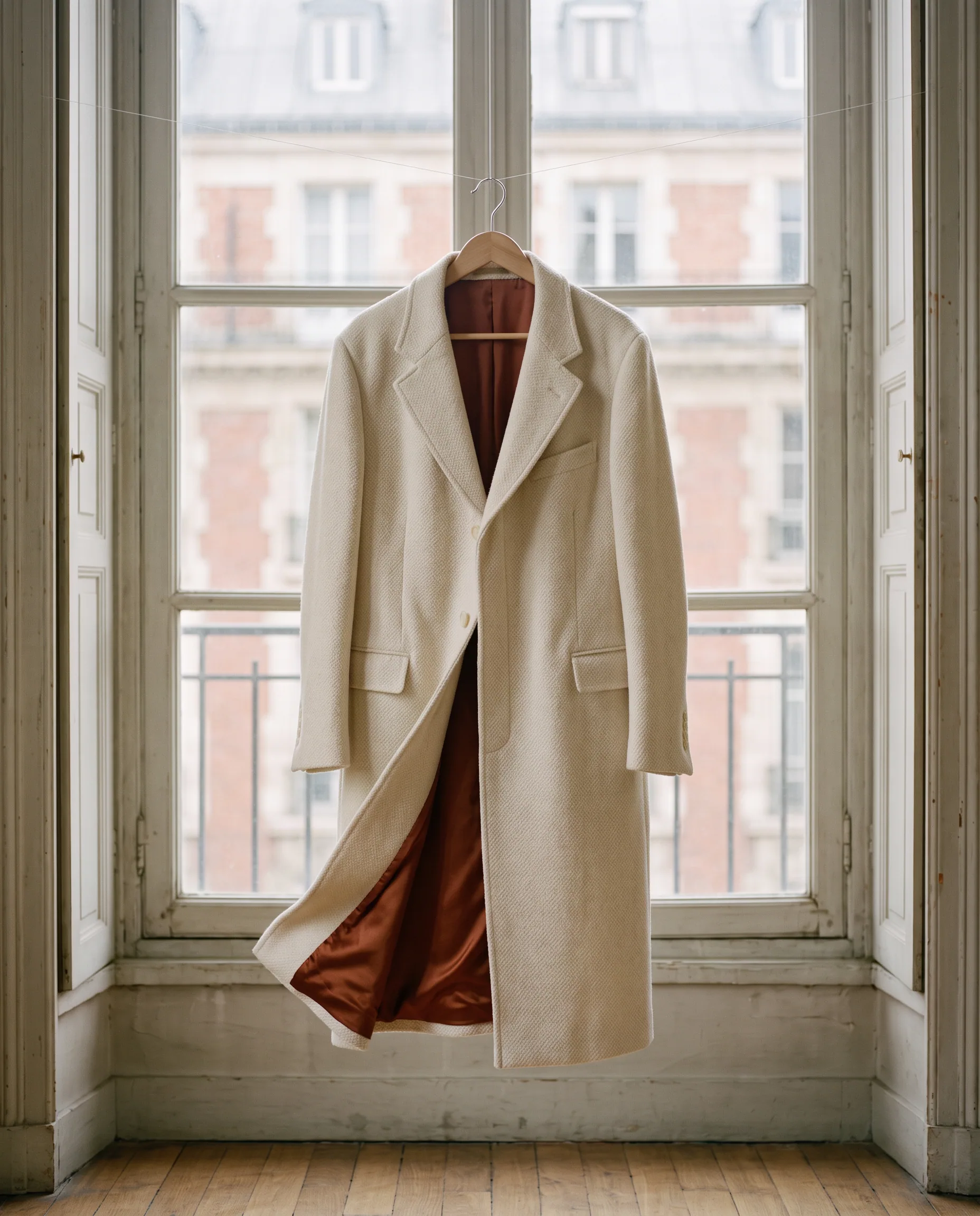 Ivory coat on a wooden hanger in front of a tall window