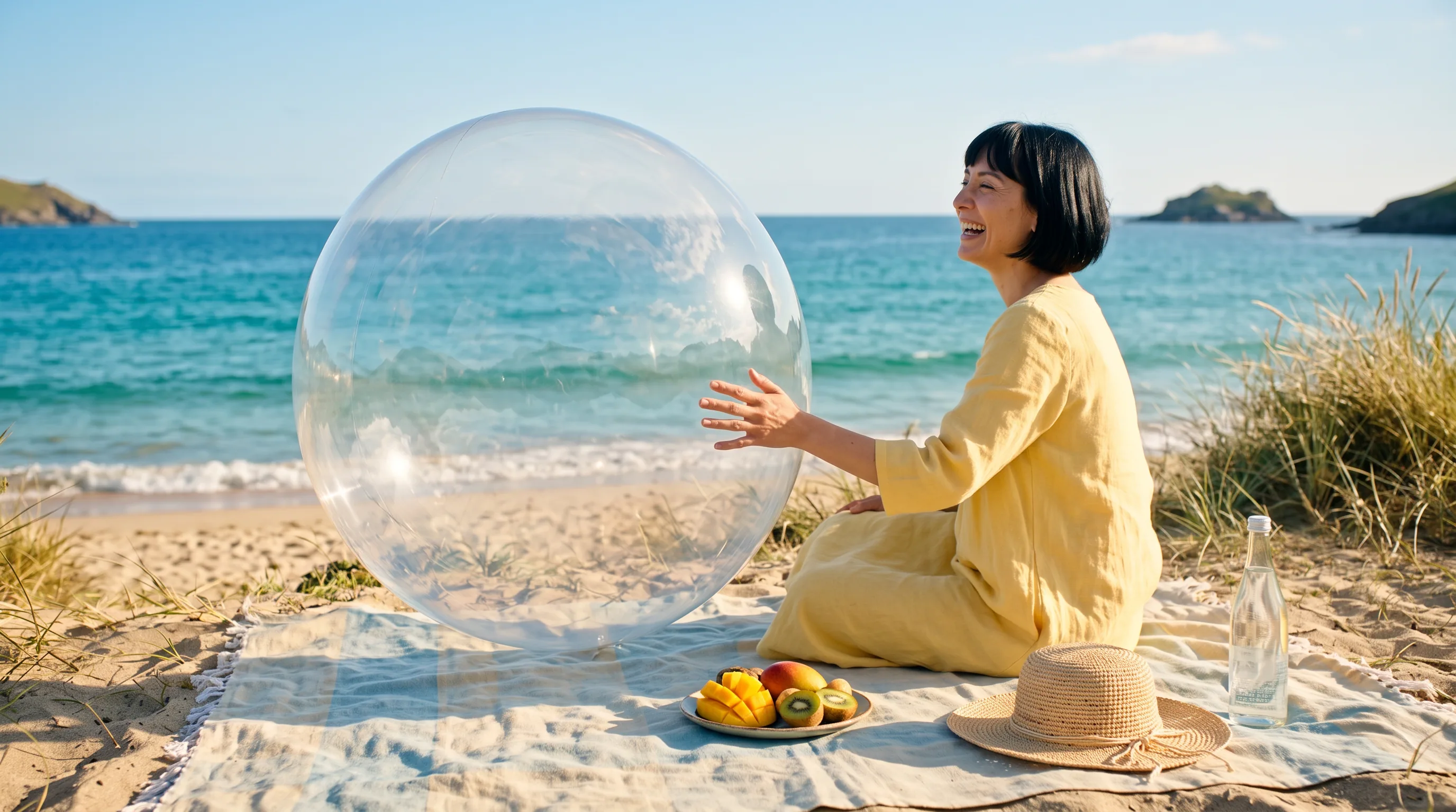 A woman in a yellow dress on a beach picnic beside a clear balloon