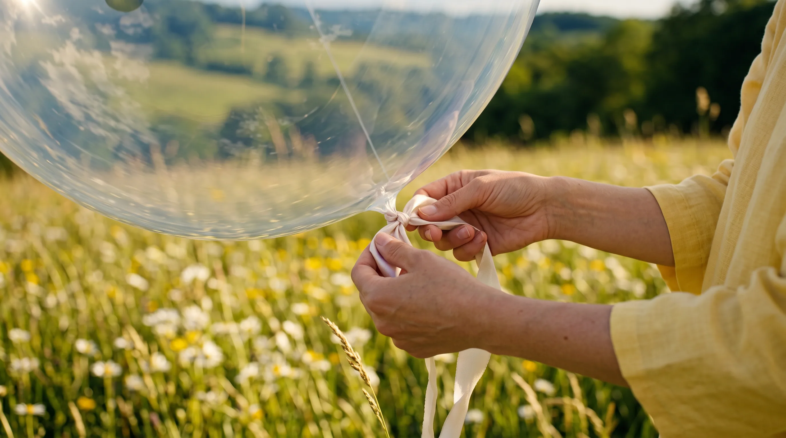Hands tying a ribbon to a transparent balloon in a flower meadow