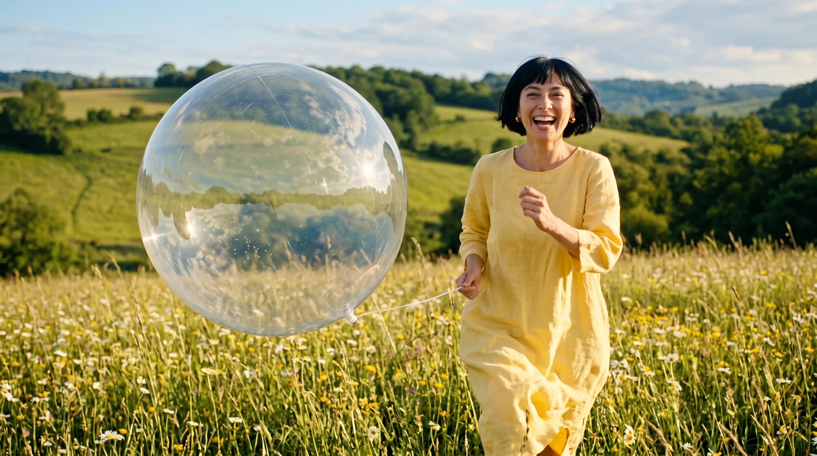 A woman in a yellow dress running through a meadow with a clear balloon