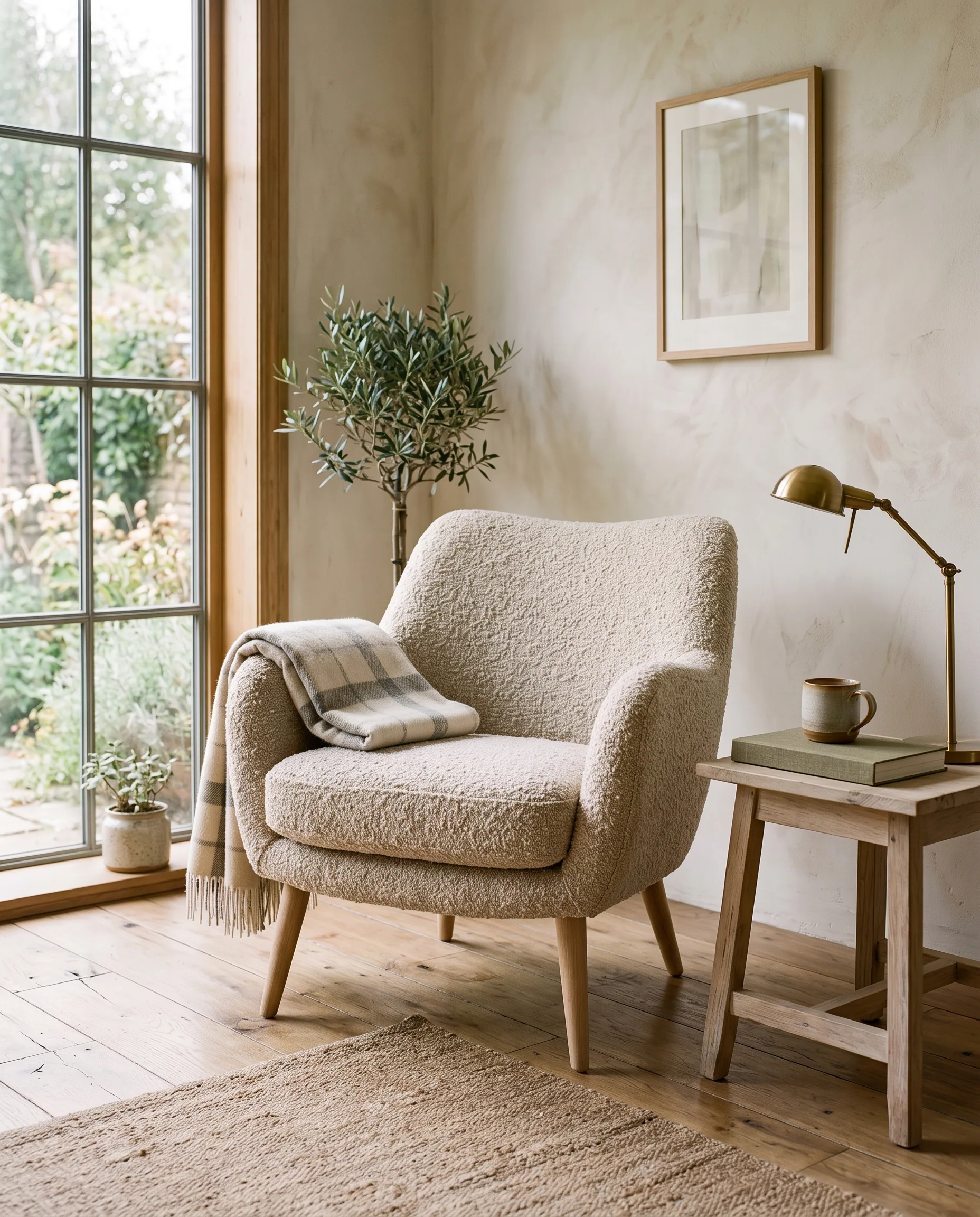 Oatmeal boucle lounge chair in a plaster corner by a window