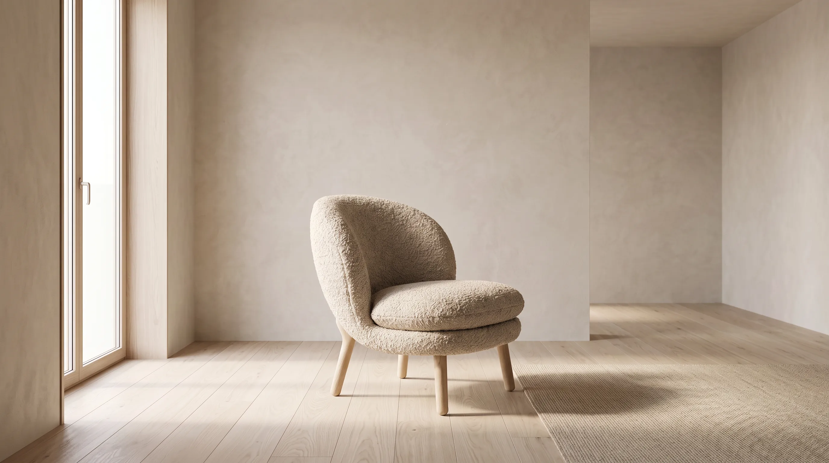 Oatmeal boucle lounge chair in a pale room beside a tall window