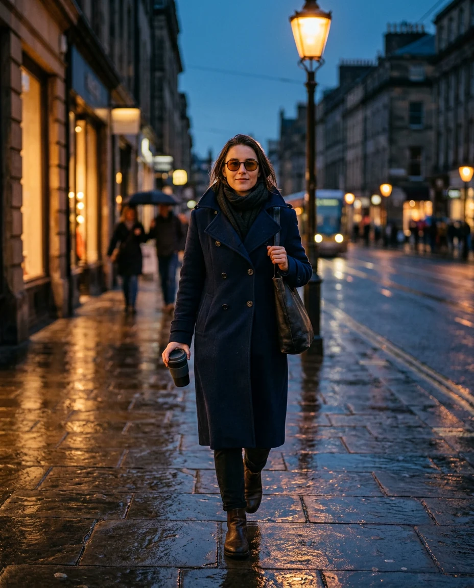 A woman walking a wet city street at dusk wearing amber sunglasses