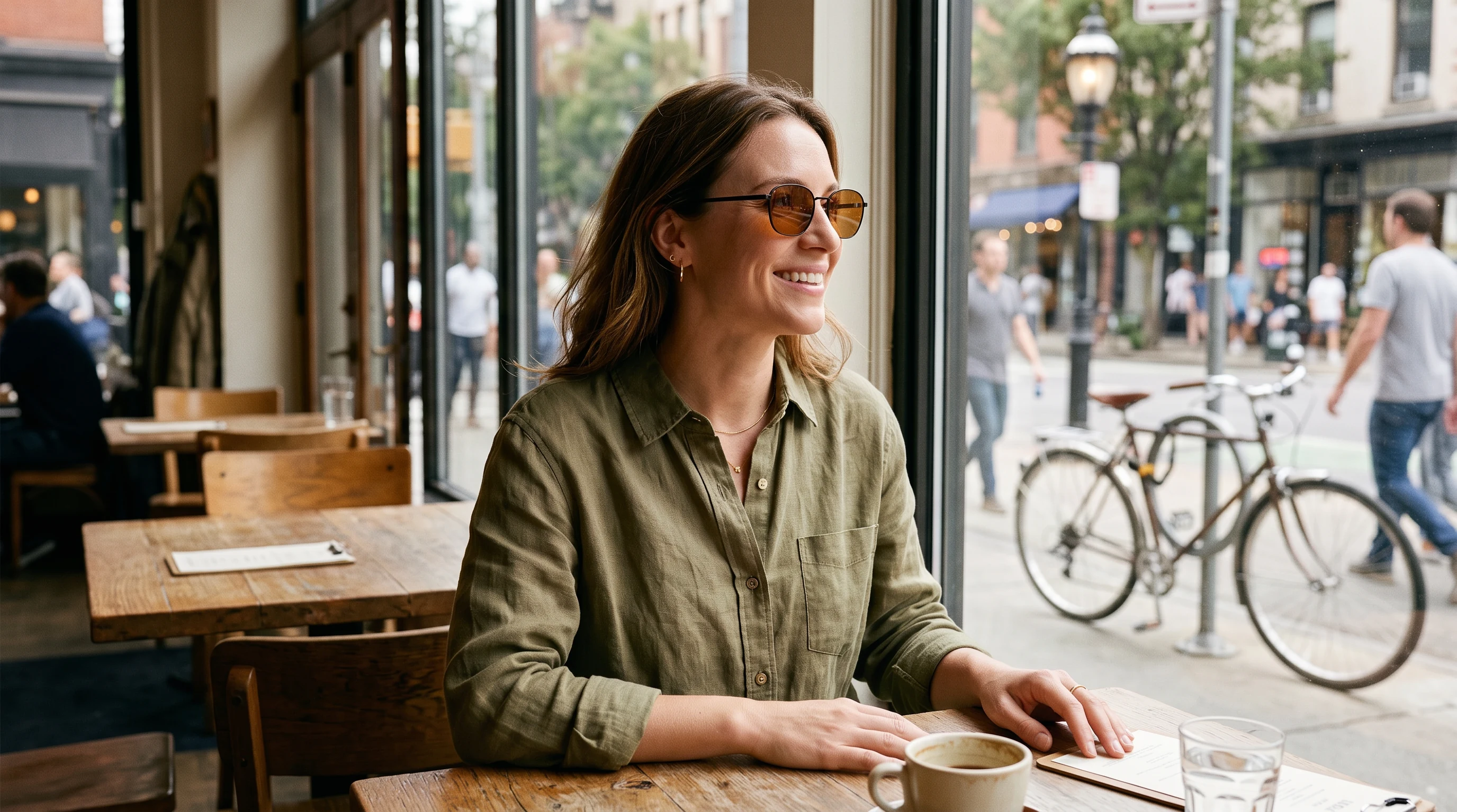 A woman in a cafe window wearing thin black sunglasses with amber lenses