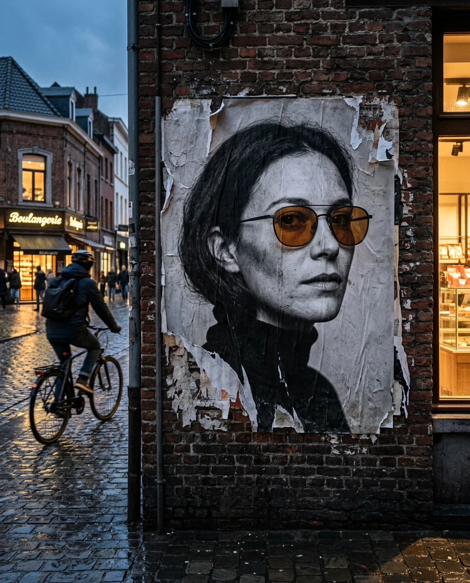 Wheat-pasted portrait of a woman in amber sunglasses on a brick wall at night