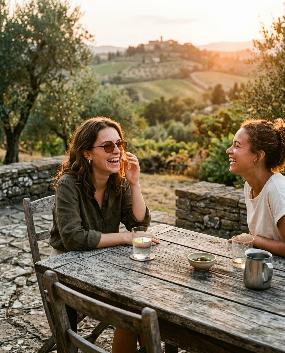 Two friends at a hillside terrace, one wearing thin black sunglasses