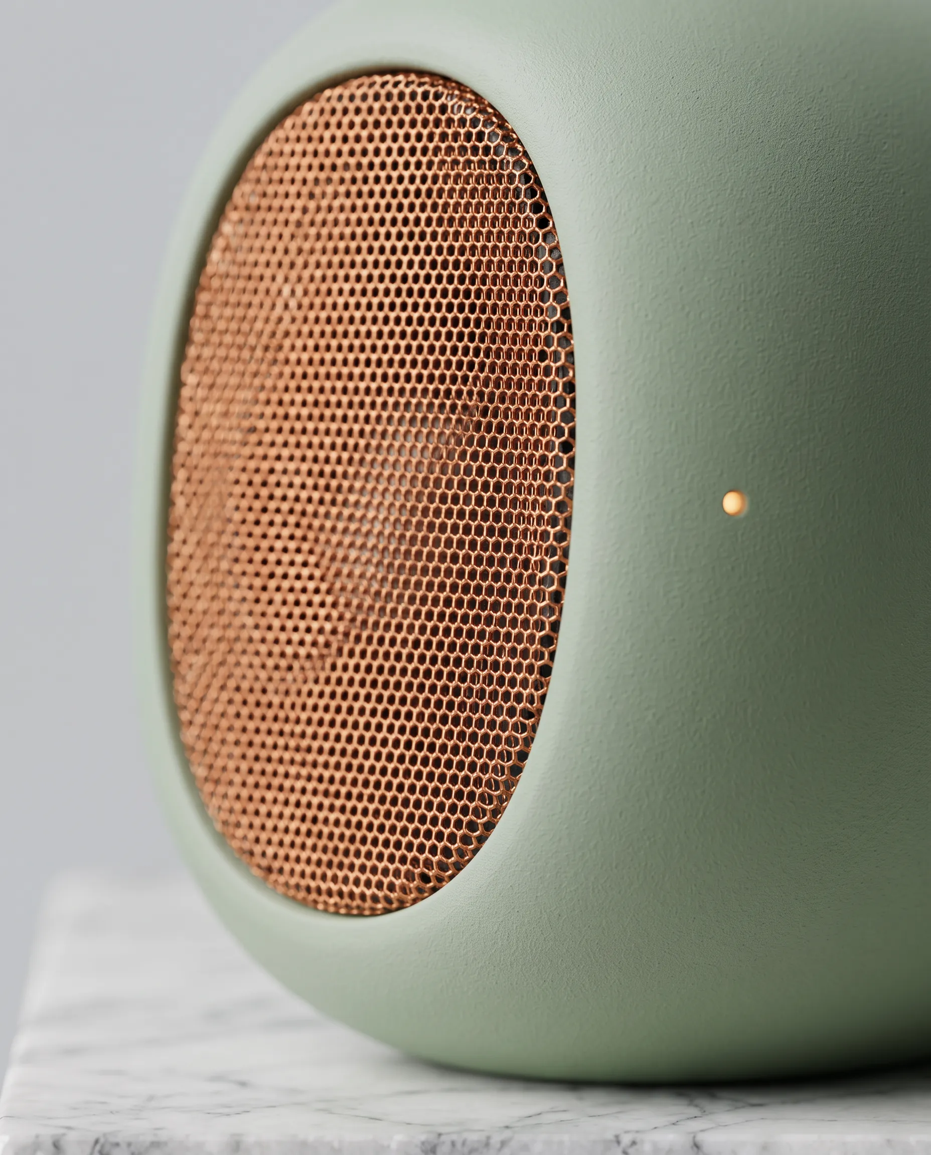 Close view of the speaker’s copper mesh grille