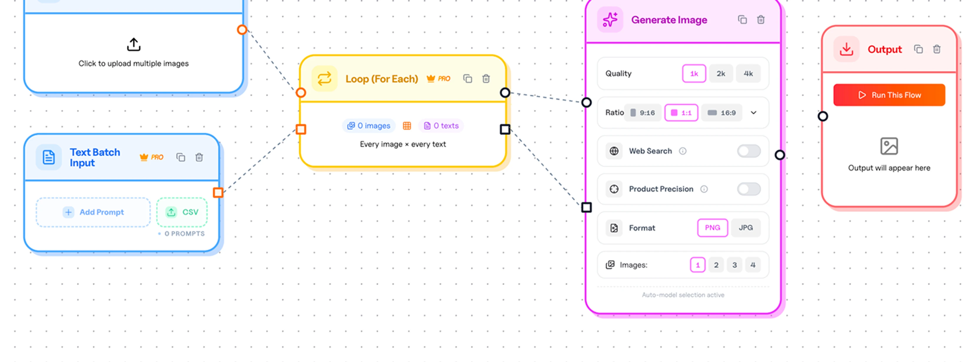 Workflow builder with connected input, loop, and output nodes