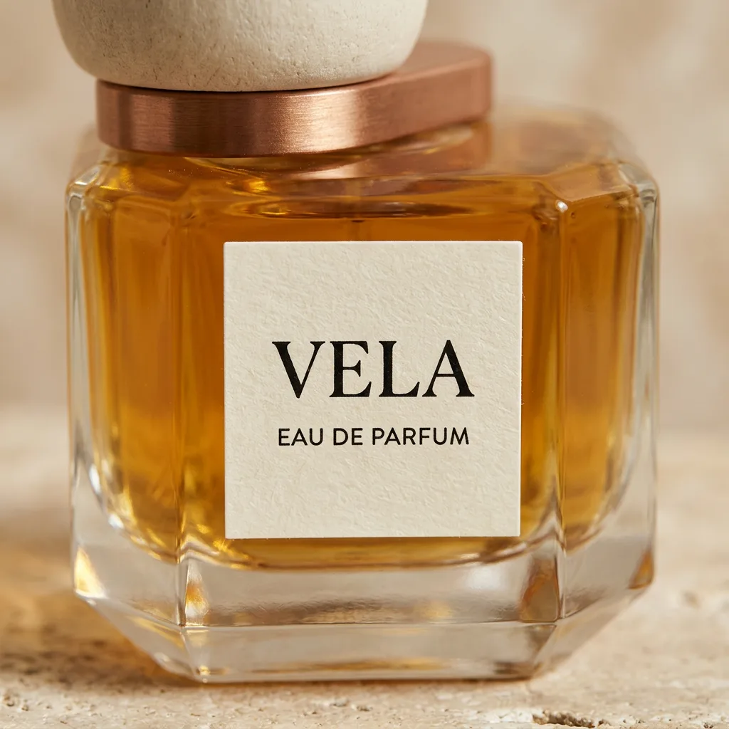 VELA lettering with a crop mark, kerning checked up close — variation 1