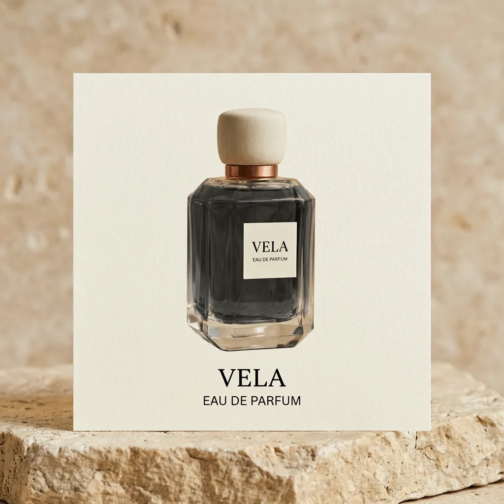 VELA lettering with a crop mark, kerning checked up close — variation 2
