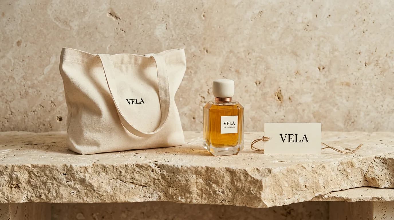 The VELA bottle beside a canvas tote and a hang tag