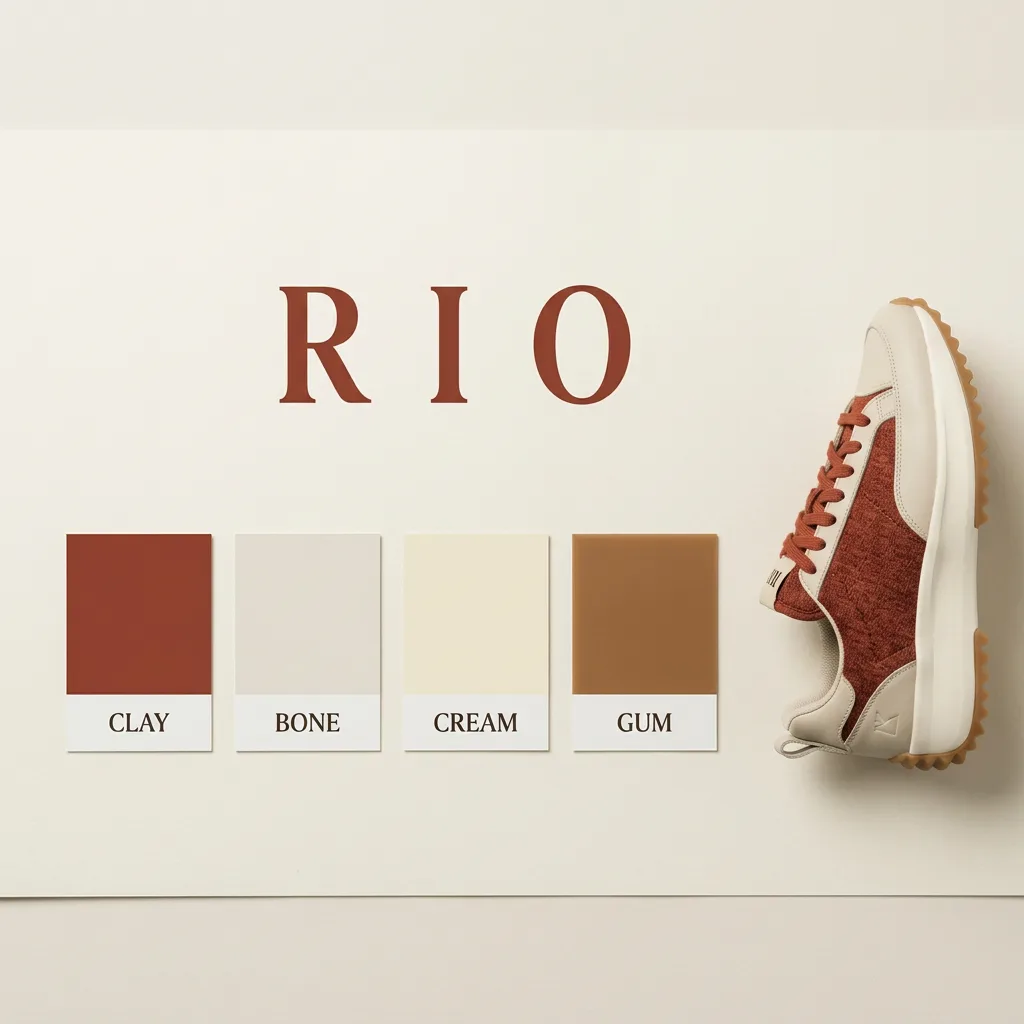 Brand board with the RIO wordmark, color chips, and the sneaker
