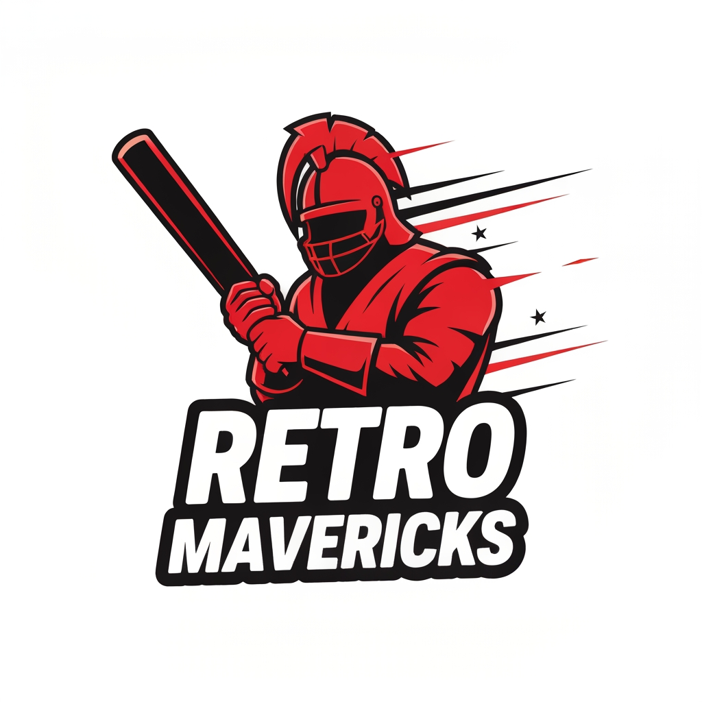 AI Logo Design by Hiding Elephant for Create an aggressive warrior-style cricket team logo for “RETRO MAVERICKS”.
Include a heroic cricket player silhouette or warrior helmet holding a bat.
Add dynamic lines for motion and energy.
Bold lettering with retro flair.
Color palette: red, black, white.
Tournament-grade vector logo, no background.