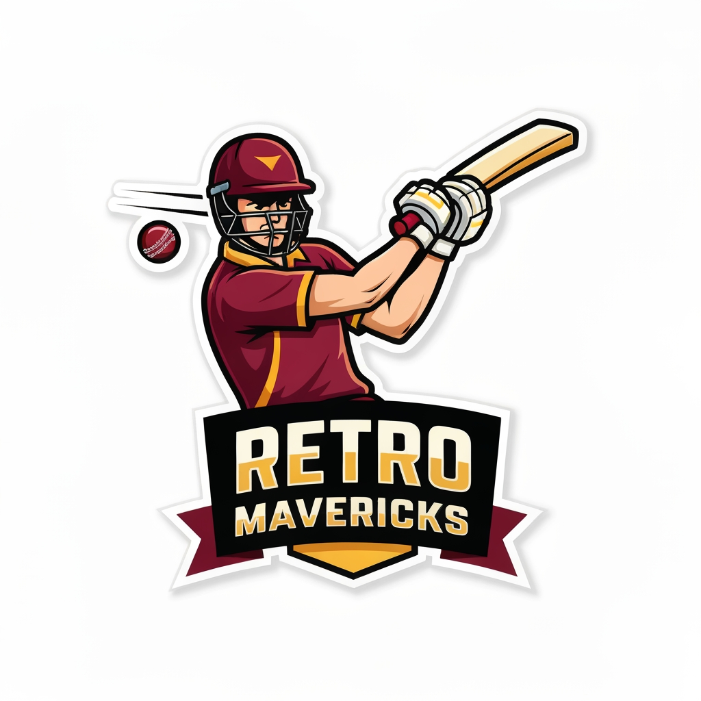 AI Logo Design by Hiding Elephant for Create a bold, modern cricket team mascot logo for “RETRO MAVERICKS”.
Style: same as the sample image — thick outlines, strong shadows, cartoon-mascot look, high-contrast colors.

Main character: a dynamic cricket batsman in action, mid-swing, facing forward at a slight angle.  
Add a flying cricket ball near the swing path for motion effect.
Batsman outfit: maroon and gold uniform, helmet, gloves, and pads.
Make the character powerful, energetic, and expressive.

Logo structure:
• Character on top  
• “RETRO MAVERICKS” text banner below in bold athletic sports typeface  
• Add a small ribbon or plate under the text similar to reference style  

Color palette:
• Maroon (primary)  
• Gold (secondary)  
• Cream/white highlights  
• Black for outline and depth  

Design rules:
• Strong thick white stroke around the whole mascot  
• Sharp vector outlines  
• Slight shadow and depth for premium look  
• No background (transparent)  
• High-resolution esport-style team logo  

Make the overall look identical in style to modern cricket esports logos, similar to the reference image.