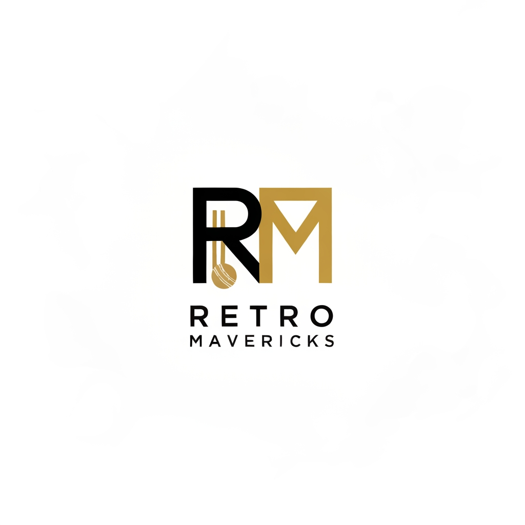 AI Logo Design by Hiding Elephant for Create a minimal premium monogram logo for “RETRO MAVERICKS”.
Use stylized letters “RM” merged into a single geometric mark.
Add a small cricket symbol like a ball or stumps subtly.
Color palette: black, gold, and white.
Modern, luxury, clean vector design. No background.