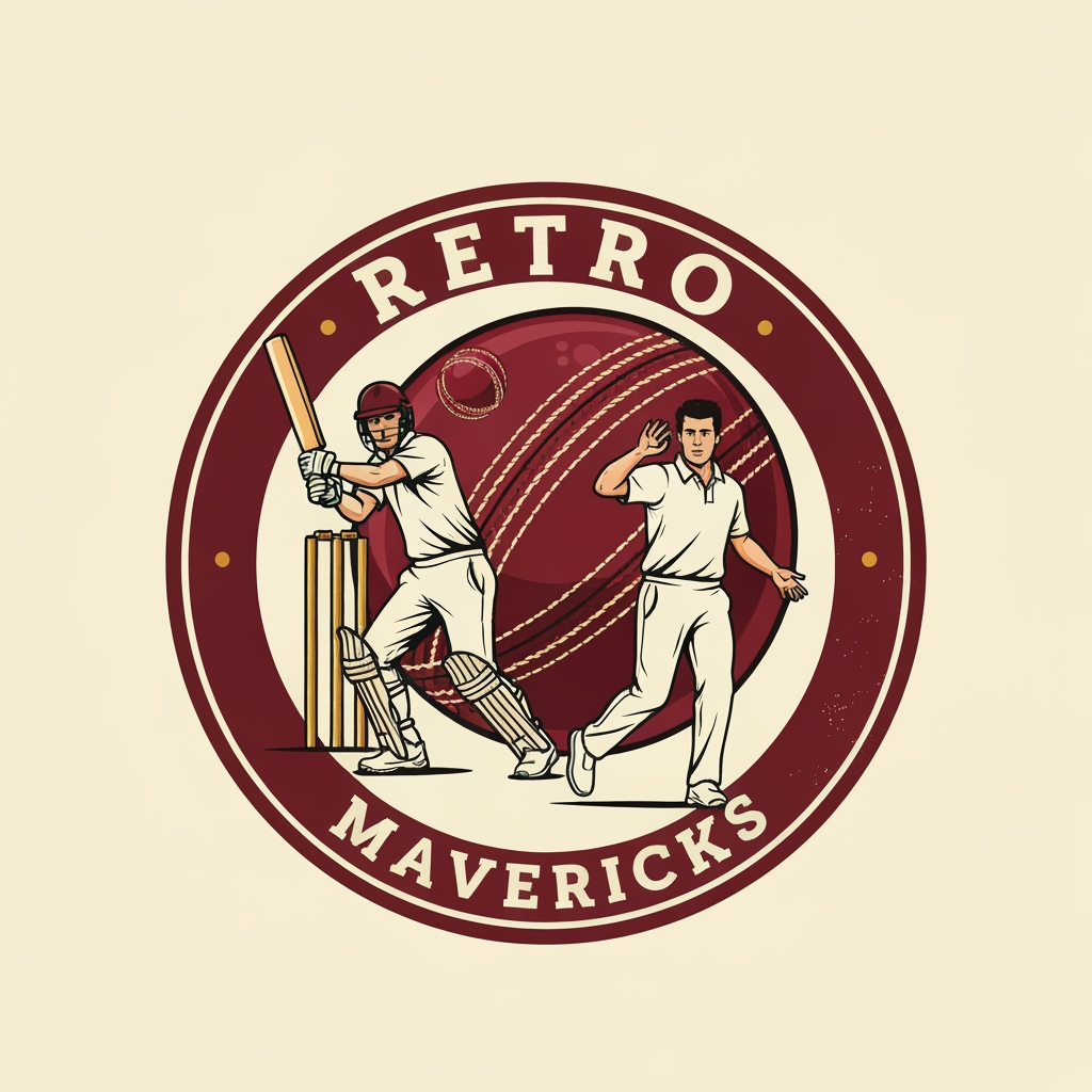 AI Logo Design by Hiding Elephant for Design a retro-style cricket team logo for “RETRO MAVERICKS”.
Create a circular badge with old-school typography and a vintage emblem layout.
Main visual: two cricket players in action — one batsman playing a shot and one bowler delivering the ball. 
Players must be illustrated in a classic retro drawing style with bold outlines, slightly textured shading, and dynamic poses.

Place a vintage maroon leather cricket ball with stitching behind the players as a central background element.
Add cricket stumps subtly behind the batsman to enhance the cricket theme.

Use a color palette of maroon, cream, and gold.
Include subtle distressed textures for a retro heritage feel, but keep the overall artwork clean and sharp.
Add a bold circular border in maroon and gold.
Typography: vintage sports-style font for “RETRO” on top and “MAVERICKS” on bottom inside the round badge.
Composition must be symmetrical, powerful, and suitable as a professional cricket team identity.

High-resolution, vector-style, no background.