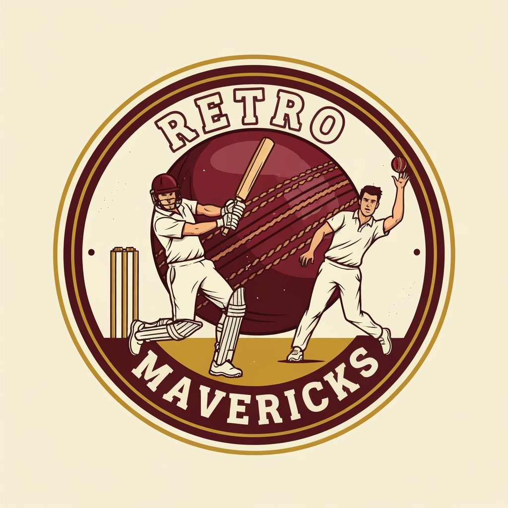 AI Logo Design by Hiding Elephant for Design a retro-style cricket team logo for “RETRO MAVERICKS”.
Create a circular badge with old-school typography and a vintage emblem layout.
Main visual: two cricket players in action — one batsman playing a shot and one bowler delivering the ball. 
Players must be illustrated in a classic retro drawing style with bold outlines, slightly textured shading, and dynamic poses.

Place a vintage maroon leather cricket ball with stitching behind the players as a central background element.
Add cricket stumps subtly behind the batsman to enhance the cricket theme.

Use a color palette of maroon, cream, and gold.
Include subtle distressed textures for a retro heritage feel, but keep the overall artwork clean and sharp.
Add a bold circular border in maroon and gold.
Typography: vintage sports-style font for “RETRO” on top and “MAVERICKS” on bottom inside the round badge.
Composition must be symmetrical, powerful, and suitable as a professional cricket team identity.

High-resolution, vector-style, no background.