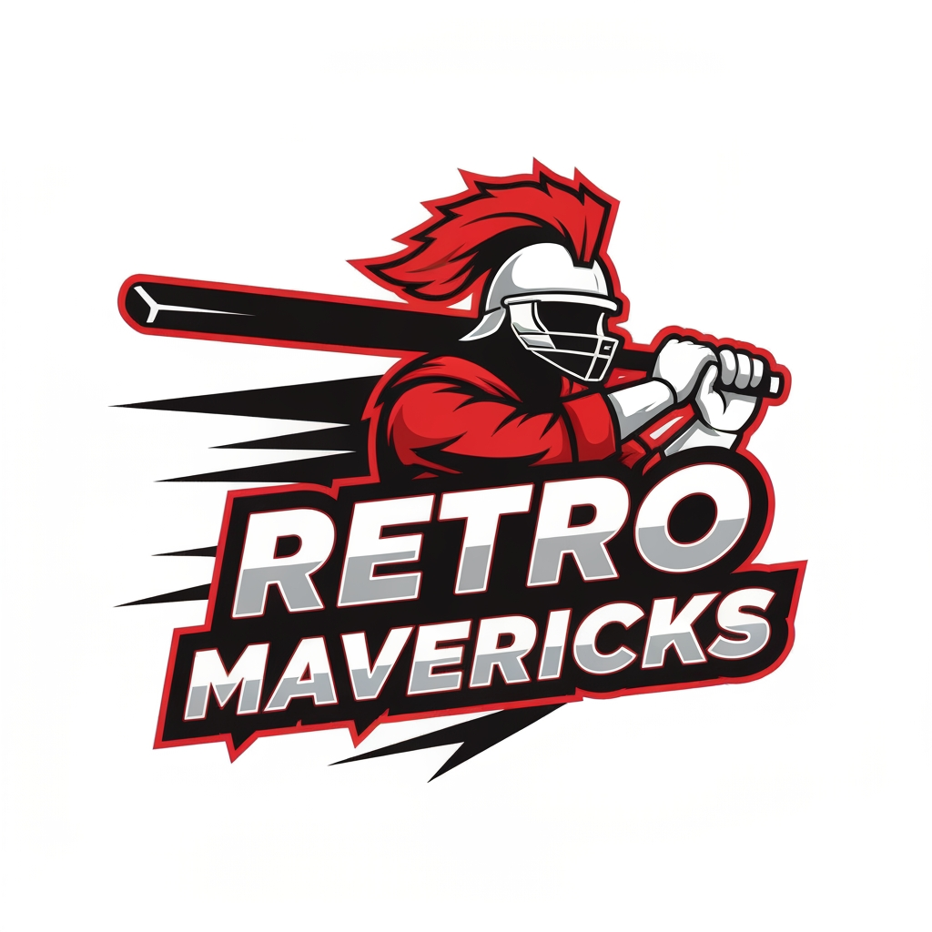 AI Logo Design by Hiding Elephant for Create an aggressive warrior-style cricket team logo for “RETRO MAVERICKS”.
Include a heroic cricket player silhouette or warrior helmet holding a bat.
Add dynamic lines for motion and energy.
Bold lettering with retro flair.
Color palette: red, black, white.
Tournament-grade vector logo, no background.