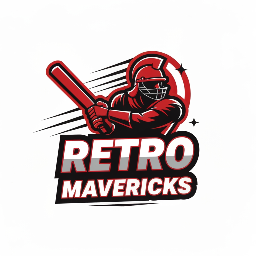 AI Logo Design by Hiding Elephant for Create an aggressive warrior-style cricket team logo for “RETRO MAVERICKS”.
Include a heroic cricket player silhouette or warrior helmet holding a bat.
Add dynamic lines for motion and energy.
Bold lettering with retro flair.
Color palette: red, black, white.
Tournament-grade vector logo, no background.