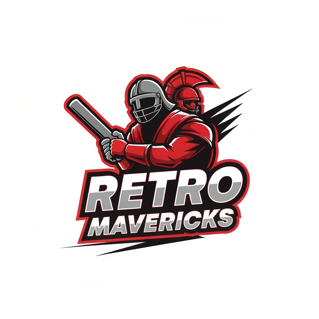 AI Logo Design by Hiding Elephant for Create an aggressive warrior-style cricket team logo for “RETRO MAVERICKS”.
Include a heroic cricket player silhouette or warrior helmet holding a bat.
Add dynamic lines for motion and energy.
Bold lettering with retro flair.
Color palette: red, black, white.
Tournament-grade vector logo, no background.