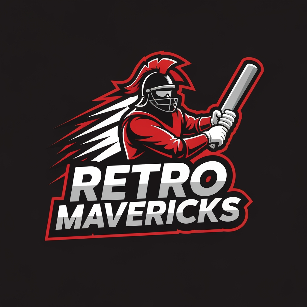 AI Logo Design by Hiding Elephant for Create an aggressive warrior-style cricket team logo for “RETRO MAVERICKS”.
Include a heroic cricket player silhouette or warrior helmet holding a bat.
Add dynamic lines for motion and energy.
Bold lettering with retro flair.
Color palette: red, black, white.
Tournament-grade vector logo, no background.