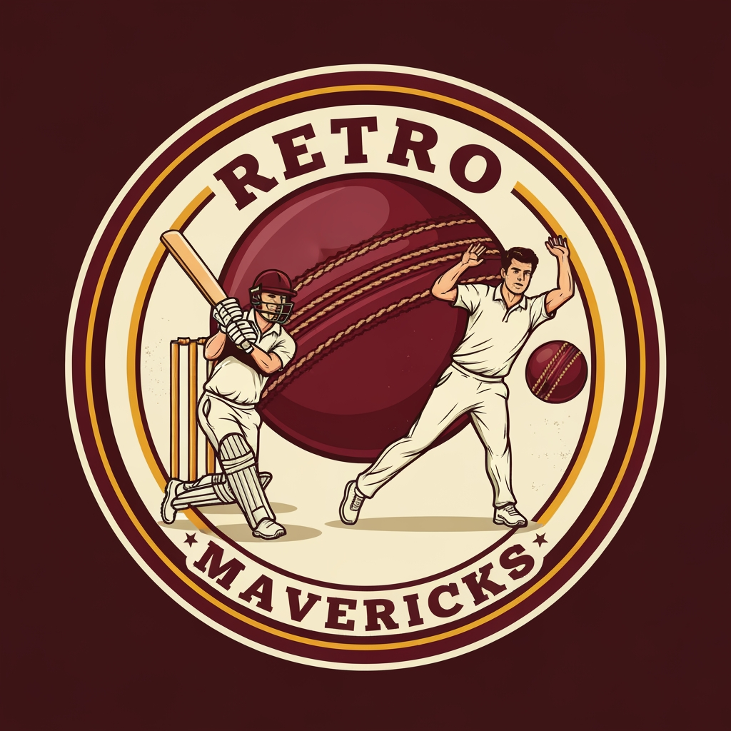 AI Logo Design by Hiding Elephant for Design a retro-style cricket team logo for “RETRO MAVERICKS”.
Create a circular badge with old-school typography and a vintage emblem layout.
Main visual: two cricket players in action — one batsman playing a shot and one bowler delivering the ball. 
Players must be illustrated in a classic retro drawing style with bold outlines, slightly textured shading, and dynamic poses.

Place a vintage maroon leather cricket ball with stitching behind the players as a central background element.
Add cricket stumps subtly behind the batsman to enhance the cricket theme.

Use a color palette of maroon, cream, and gold.
Include subtle distressed textures for a retro heritage feel, but keep the overall artwork clean and sharp.
Add a bold circular border in maroon and gold.
Typography: vintage sports-style font for “RETRO” on top and “MAVERICKS” on bottom inside the round badge.
Composition must be symmetrical, powerful, and suitable as a professional cricket team identity.

High-resolution, vector-style, no background.