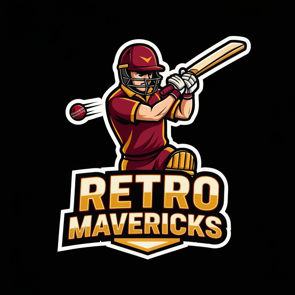 AI Logo Design by Hiding Elephant for Create a bold, modern cricket team mascot logo for “RETRO MAVERICKS”.
Style: same as the sample image — thick outlines, strong shadows, cartoon-mascot look, high-contrast colors.

Main character: a dynamic cricket batsman in action, mid-swing, facing forward at a slight angle.  
Add a flying cricket ball near the swing path for motion effect.
Batsman outfit: maroon and gold uniform, helmet, gloves, and pads.
Make the character powerful, energetic, and expressive.

Logo structure:
• Character on top  
• “RETRO MAVERICKS” text banner below in bold athletic sports typeface  
• Add a small ribbon or plate under the text similar to reference style  

Color palette:
• Maroon (primary)  
• Gold (secondary)  
• Cream/white highlights  
• Black for outline and depth  

Design rules:
• Strong thick white stroke around the whole mascot  
• Sharp vector outlines  
• Slight shadow and depth for premium look  
• No background (transparent)  
• High-resolution esport-style team logo  

Make the overall look identical in style to modern cricket esports logos, similar to the reference image.