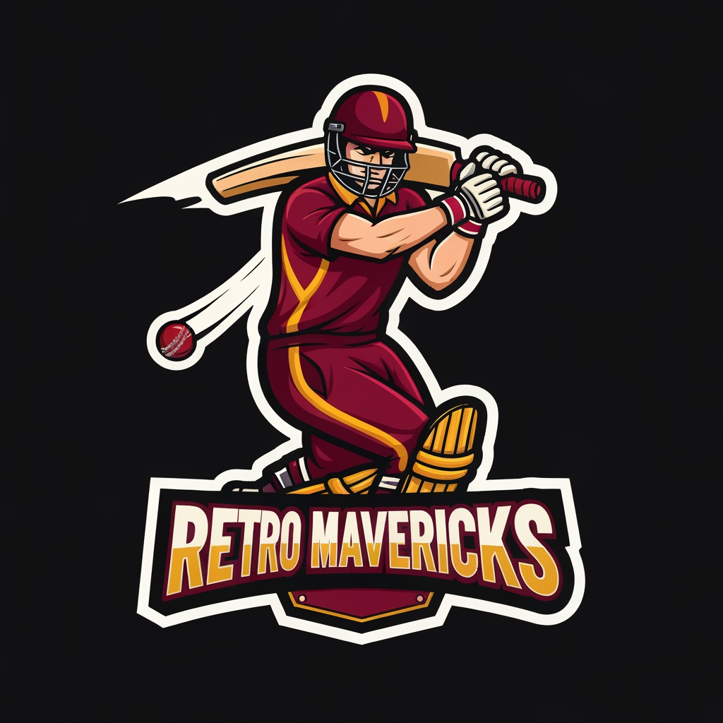 AI Logo Design by Hiding Elephant for Create a bold, modern cricket team mascot logo for “RETRO MAVERICKS”.
Style: same as the sample image — thick outlines, strong shadows, cartoon-mascot look, high-contrast colors.

Main character: a dynamic cricket batsman in action, mid-swing, facing forward at a slight angle.  
Add a flying cricket ball near the swing path for motion effect.
Batsman outfit: maroon and gold uniform, helmet, gloves, and pads.
Make the character powerful, energetic, and expressive.

Logo structure:
• Character on top  
• “RETRO MAVERICKS” text banner below in bold athletic sports typeface  
• Add a small ribbon or plate under the text similar to reference style  

Color palette:
• Maroon (primary)  
• Gold (secondary)  
• Cream/white highlights  
• Black for outline and depth  

Design rules:
• Strong thick white stroke around the whole mascot  
• Sharp vector outlines  
• Slight shadow and depth for premium look  
• No background (transparent)  
• High-resolution esport-style team logo  

Make the overall look identical in style to modern cricket esports logos, similar to the reference image.