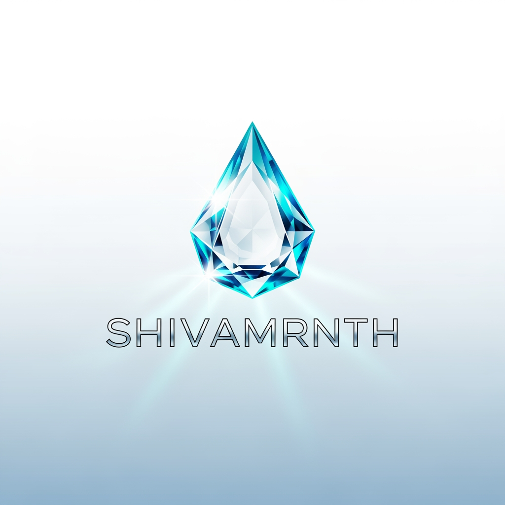 AI Logo Design by Hiding Elephant for “Design a high-end logo for ‘SHIVAMRNTH’ featuring a crystal-clear water droplet shaped like a faceted prism. Edges reflect aqua-blue light beams. Subtle micro reflections and ultra-clean glass texture. Typography: thin, modern, silver-grey. Background soft gradient white to ice blue.”
