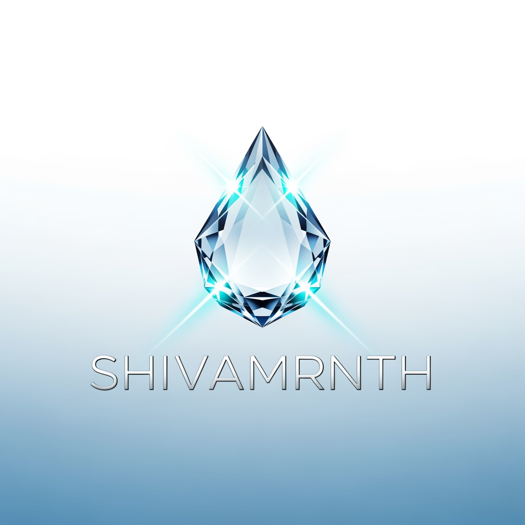 AI Logo Design by Hiding Elephant for “Design a high-end logo for ‘SHIVAMRNTH’ featuring a crystal-clear water droplet shaped like a faceted prism. Edges reflect aqua-blue light beams. Subtle micro reflections and ultra-clean glass texture. Typography: thin, modern, silver-grey. Background soft gradient white to ice blue.”