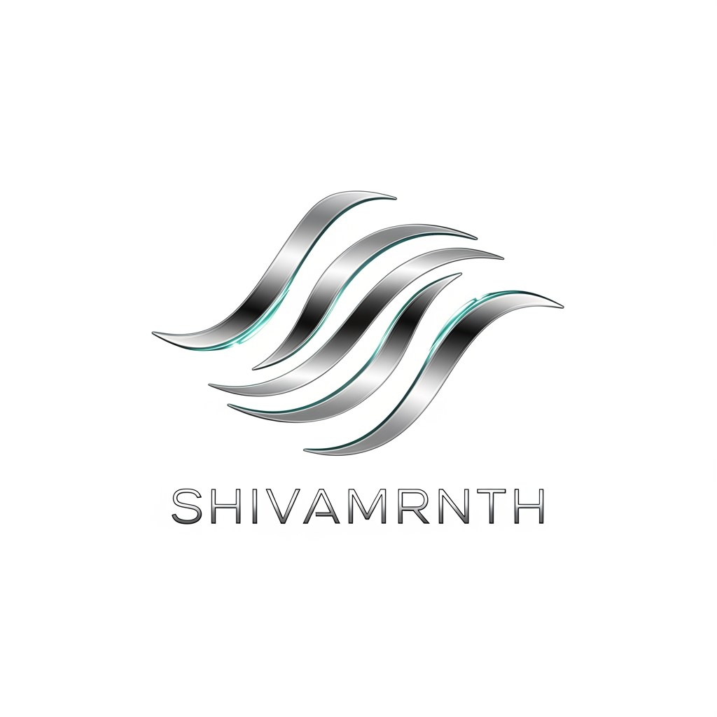 AI Logo Design by Hiding Elephant for “Logo for ‘SHIVAMRNTH’ built from three extremely thin metallic water waves forming a geometric symbol. Clean, scientific, ultra-modern. Aqua-blue micro highlights. Typography very thin, uppercase, silver. Pure white premium background.”