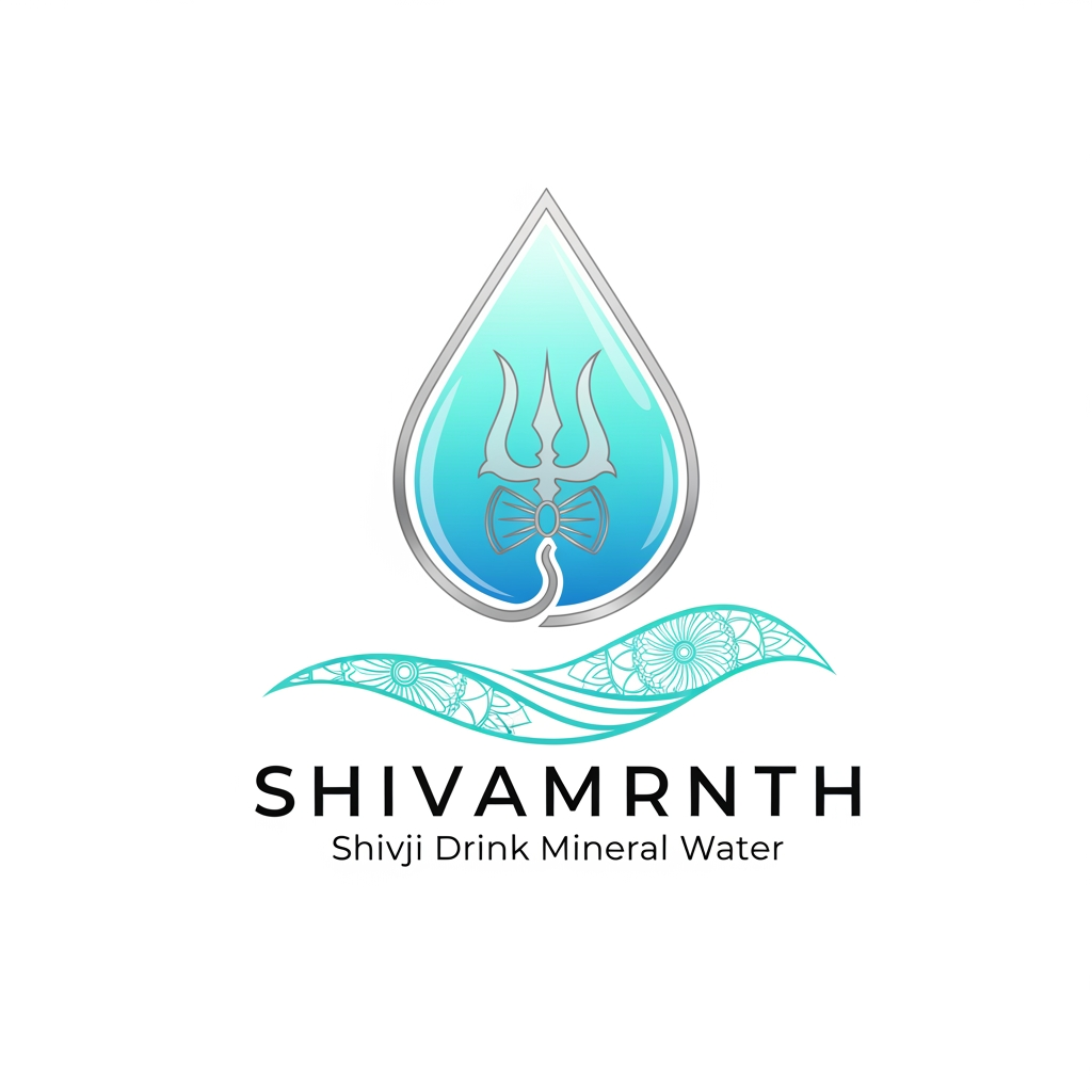 AI Logo Design by Hiding Elephant for “Design a premium vector logo for ‘SHIVAMRNTH – Shivji Drink Mineral Water’ using a minimal trishul icon merged inside a smooth translucent water droplet. Clean aqua gradients, metallic silver outlines, sacred yet modern. Typography thin, elegant, uppercase. Pure white background.”

**2. Sacred Water Wave + Mandala Line Art