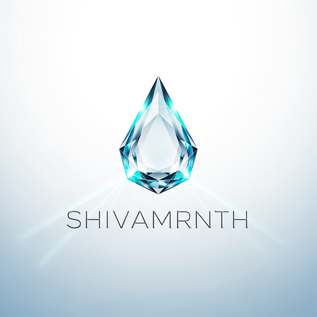 AI Logo Design by Hiding Elephant for “Design a high-end logo for ‘SHIVAMRNTH’ featuring a crystal-clear water droplet shaped like a faceted prism. Edges reflect aqua-blue light beams. Subtle micro reflections and ultra-clean glass texture. Typography: thin, modern, silver-grey. Background soft gradient white to ice blue.”