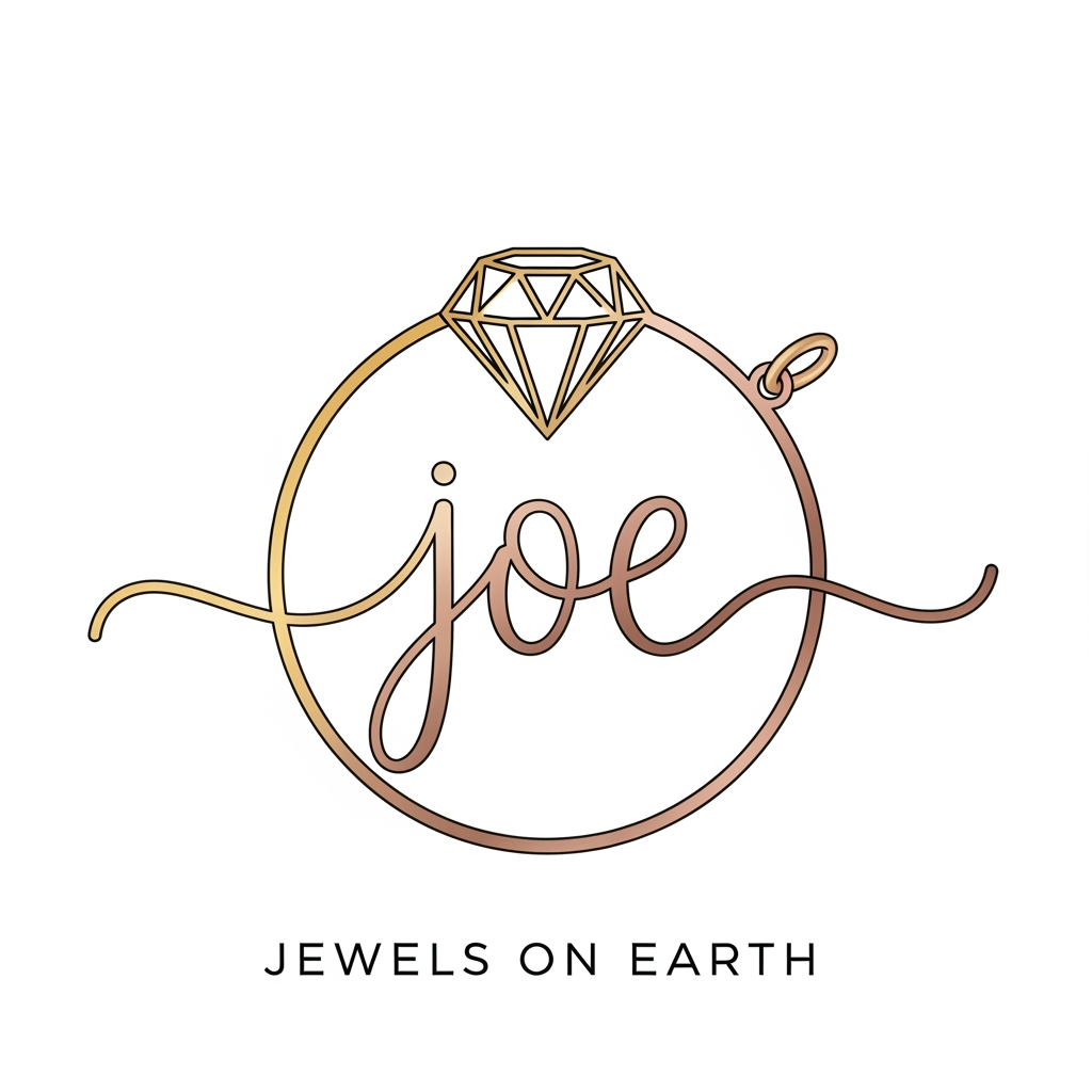 AI Logo Design by Hiding Elephant for 1. CONTEXT

You are designing a premium jewelry-style monogram logo for Jewels On Earth. The client wants the letters JOE written in continuous cursive, enclosed inside a circular pendant-like shape, with a diamond element on top.

2. TASK

Create a continuous cursive monogram “JOE” inside a circle frame, designed like a jewelry pendant. Add a diamond on top of the circle and a small pendant loop (pin) on the right top.

3. INSTRUCTION

Write J O E in one flowing, continuous signature-style cursive stroke.

Place the entire text inside a perfect circular outline (like a jewelry locket/pendant).

Add a geometric diamond on the top center of the circle.

Diamond should be faceted and premium, not cartoonish.

Add a small pendant loop / ring on the top-right side of the circle (as shown in sketch).

Maintain smooth luxury curves inside the circle.

Keep strokes elegant, thin, premium, with high-end jewelry aesthetics.

Use metallic colors: gold, rose gold, or platinum.

Keep background clean, vector-style, no textures, no mockups.

Everything must look like a premium jewelry logo.

4. DATA

Brand: Jewels On Earth
Monogram: JOE (continuous cursive)
Frame: Circular pendant outline
Top Element: Diamond shape (geometric facets)
Extra Element: Pendant loop/pin on top-right
Colors:

Gold #D4AF37

Rose Gold #B76E79

Platinum #E5E7EB
Style: Luxury cursive, pendant-style logo
Output: High-resolution vector logo